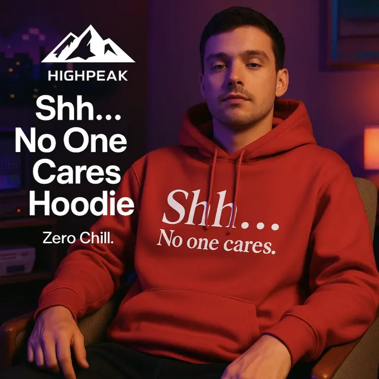 HighPeak Shh... No One Cares Hoodie in red with bold white text worn by man sitting in cozy room with mood lighting