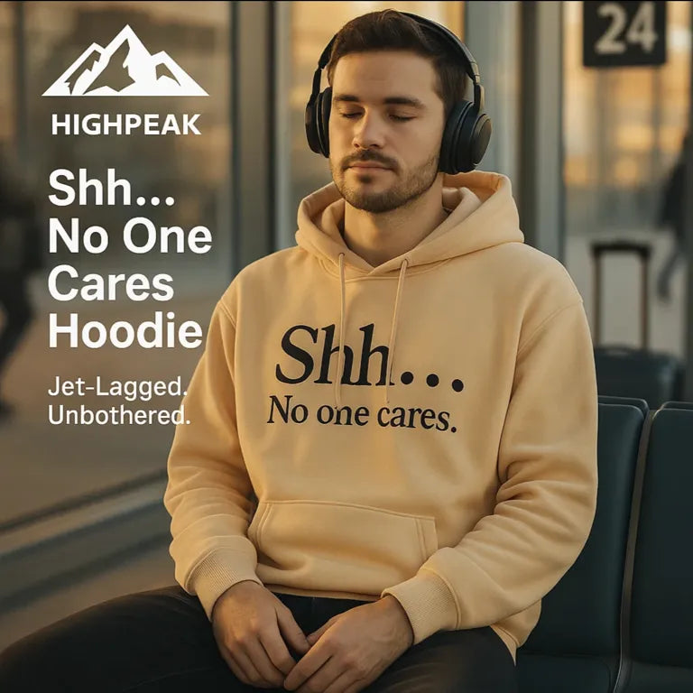 HighPeak Shh... No One Cares Hoodie in beige worn by a man with headphones, cozy and relaxed fit for casual comfort