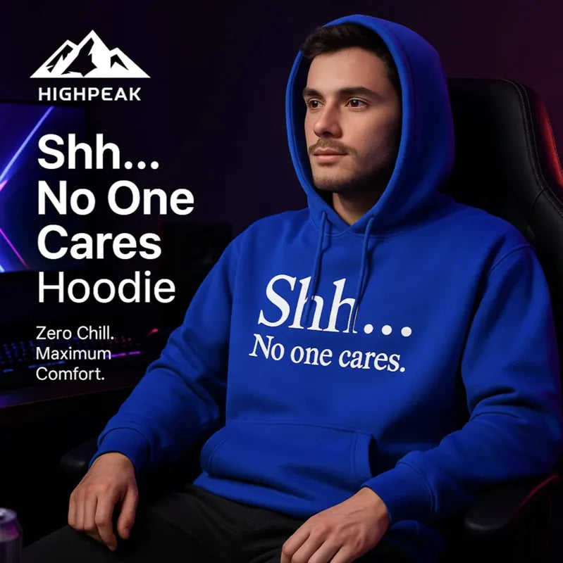HighPeak Shh... No One Cares Hoodie in blue with bold white text, cozy fleece and relaxed fit, modeled indoors.