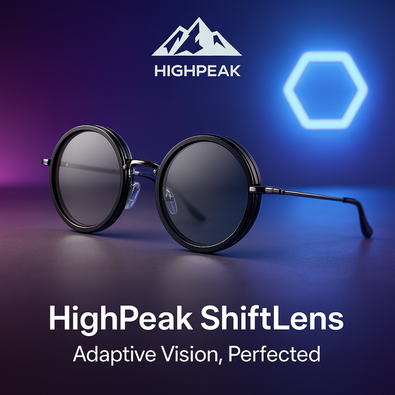 HighPeak ShiftLens™ black round sunglasses with adaptive 9-in-1 lenses showcased on a purple and blue background