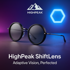 HighPeak ShiftLens™ black round sunglasses with adaptive 9-in-1 lenses showcased on a purple and blue background