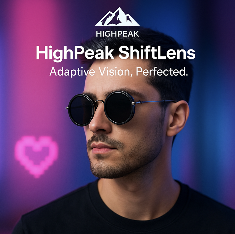 HighPeak ShiftLens adaptive sunglasses with round black lenses worn by a man against colorful blurred background.