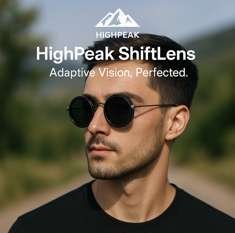 HighPeak ShiftLens sunglasses with round black lenses worn outdoors showcasing adaptive vision and sleek design