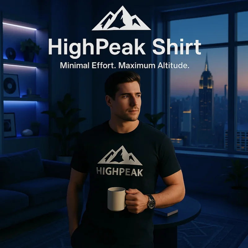HighPeak Shirt in black worn by man holding coffee in modern apartment with city skyline at dusk.