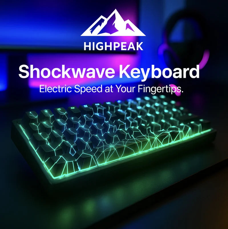 HighPeak Shockwave Keyboard with glowing electric green keycaps on sleek black desk in ambient blue lighting