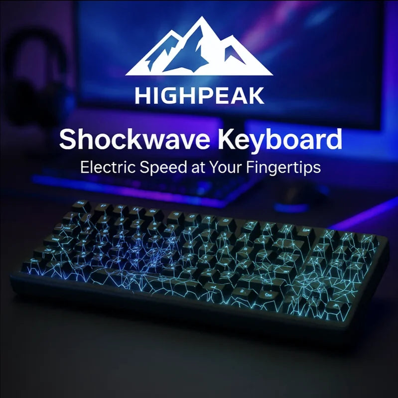 HighPeak Shockwave Keyboard with electric glow keycaps and dynamic blue lightning effect on a dark desk setup