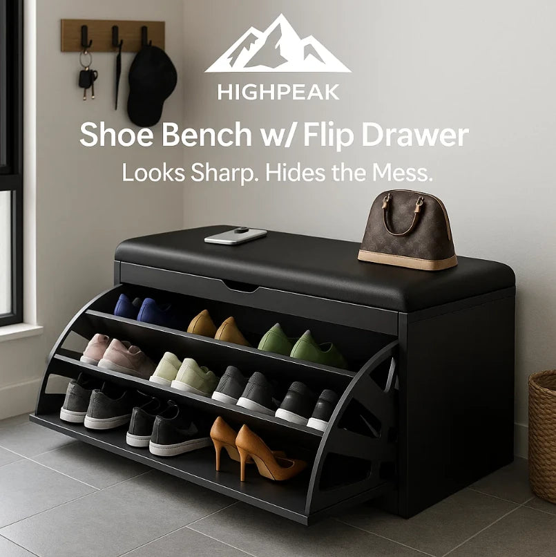 HighPeak Shoe Bench with Flip Drawer in black with cushioned seat and organized shoe storage in modern entryway setting