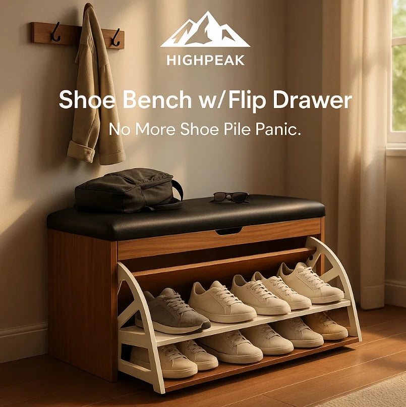 HighPeak Shoe Bench with Flip Drawer in wood with black cushion storing ten white shoes in a bright entryway