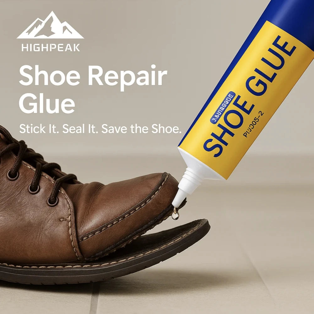 HighPeak Shoe Repair Glue tube applying glue to a brown leather boot sole for fast, strong shoe sole repair.