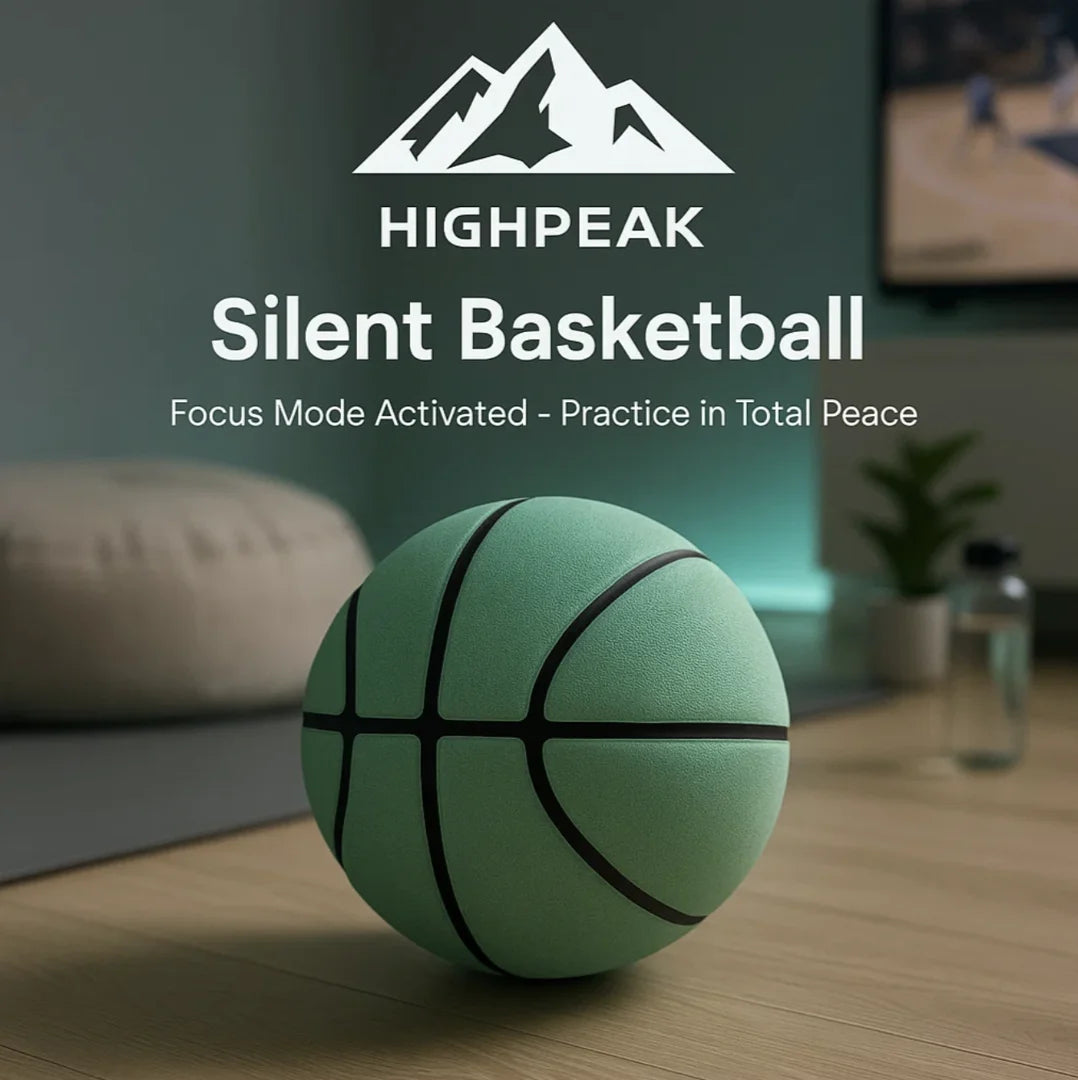 HighPeak Silent Basketball in muted green foam on a wooden floor, designed for quiet indoor practice and stress relief.