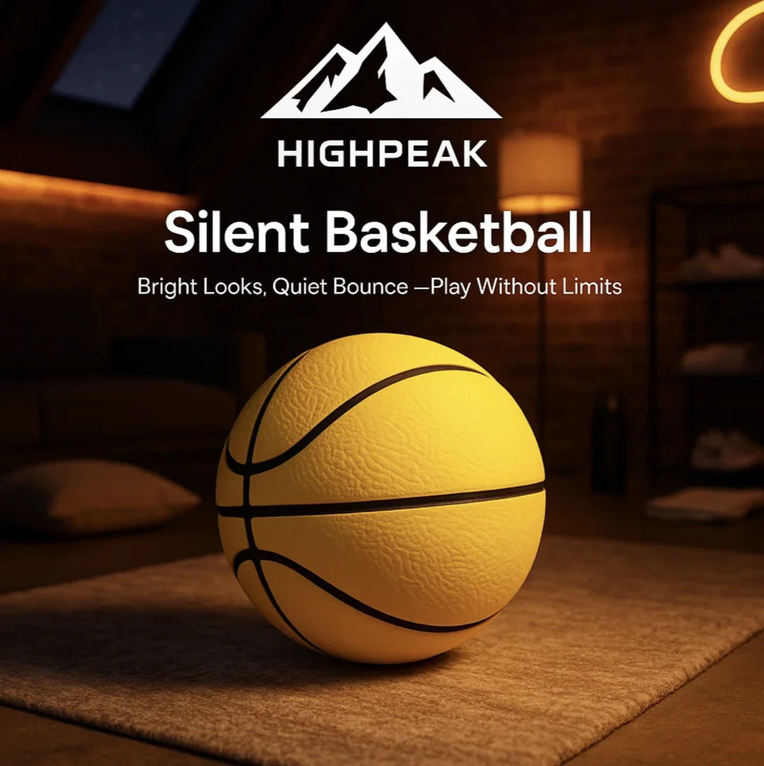 HighPeak Silent Basketball in yellow foam on carpeted floor in cozy indoor room for quiet indoor training