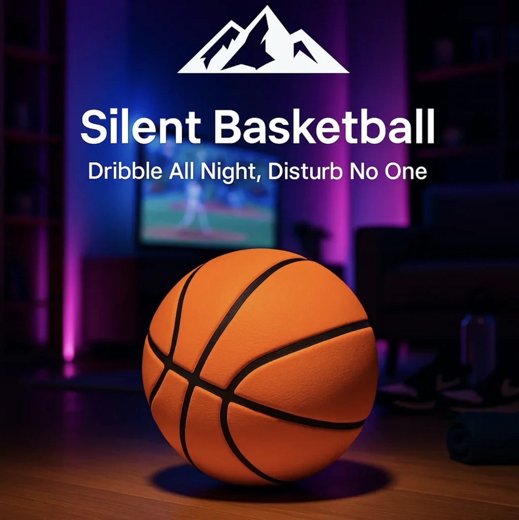 HighPeak Silent Basketball in orange foam on wooden floor with dim purple lighting, perfect for quiet indoor dribbling practice