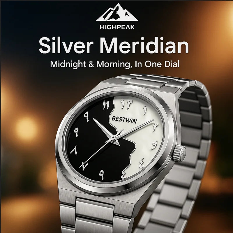 HighPeak Eclipse Royale™ dial watch with gold-plated split-tone dial and stainless steel band showcasing Arabic numerals and quartz movement