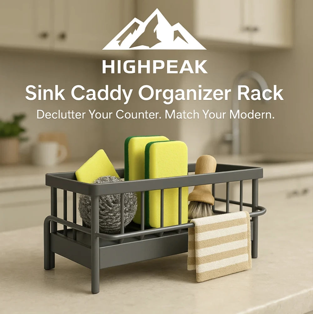 HighPeak Sink Caddy Organizer Rack in dark gray holding sponges and brushes on a kitchen countertop for clutter-free space.