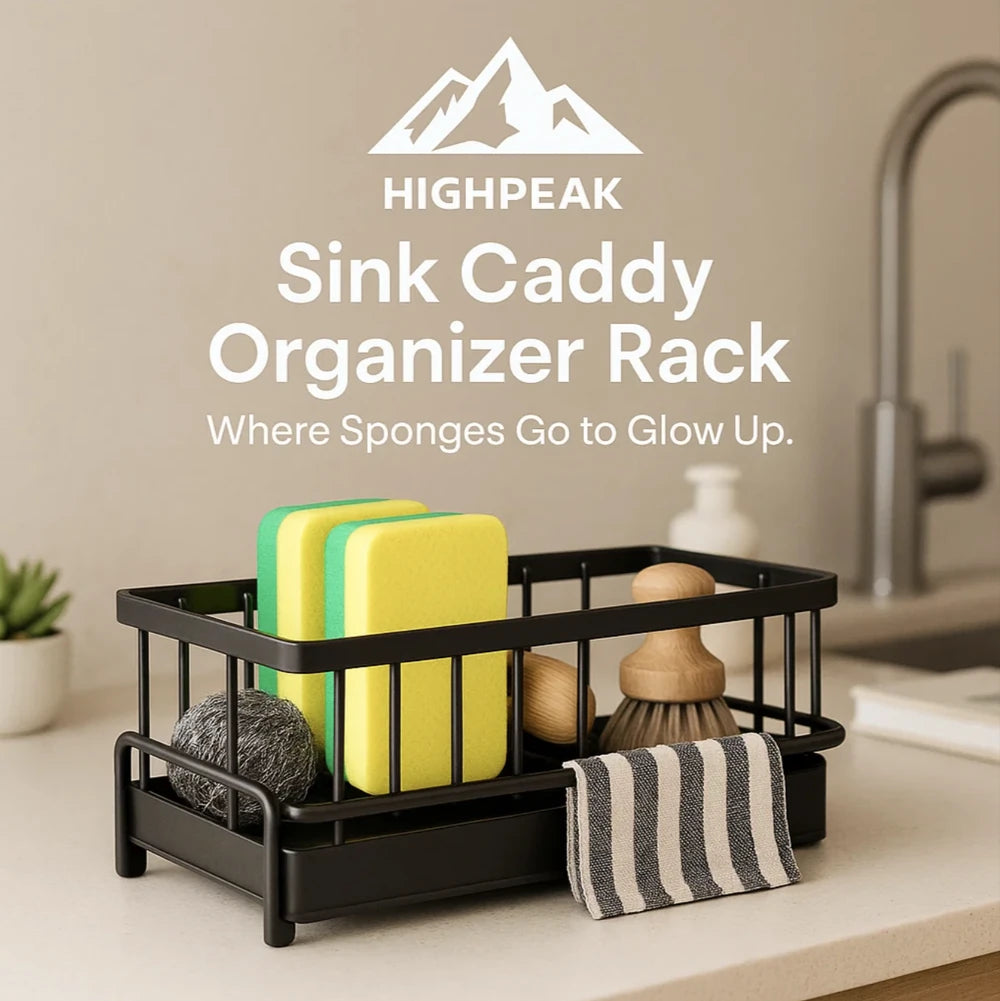 HighPeak Sink Caddy Organizer Rack in black holding sponges, brushes, and a cloth on a kitchen countertop near faucet