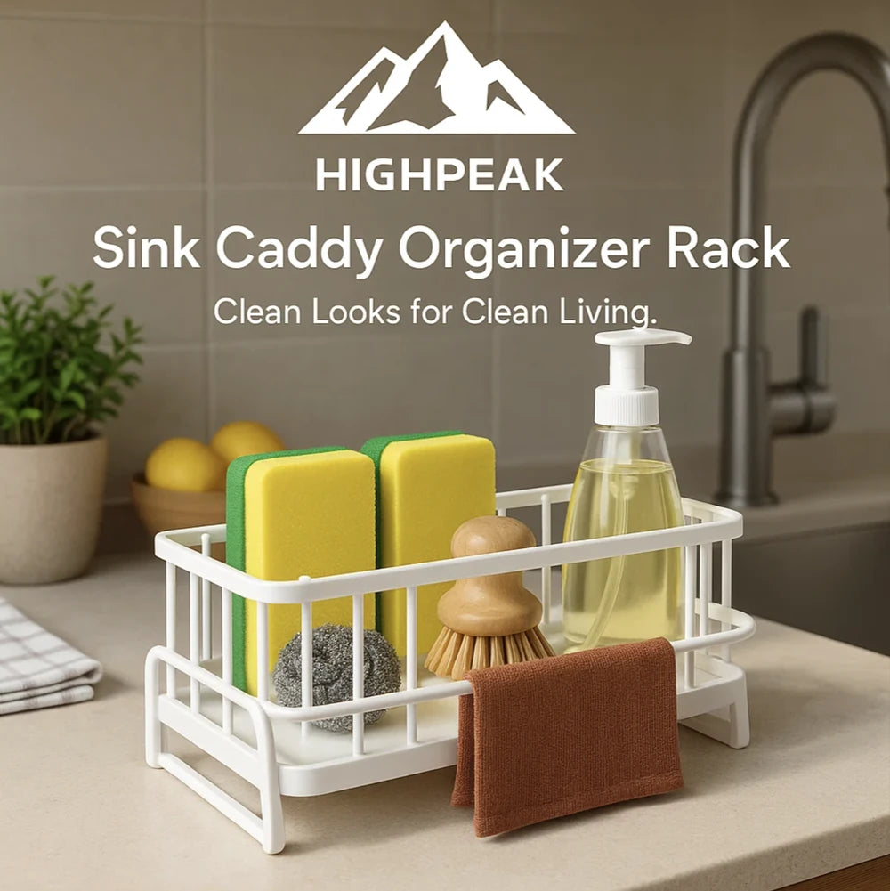 HighPeak Sink Caddy Organizer Rack in white holding sponges, brush, soap dispenser, and cloth by kitchen sink faucet