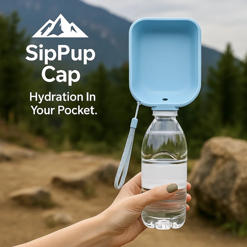 HighPeak SipPup Cap in light blue attached to clear water bottle with built-in bowl for dog hydration outdoors