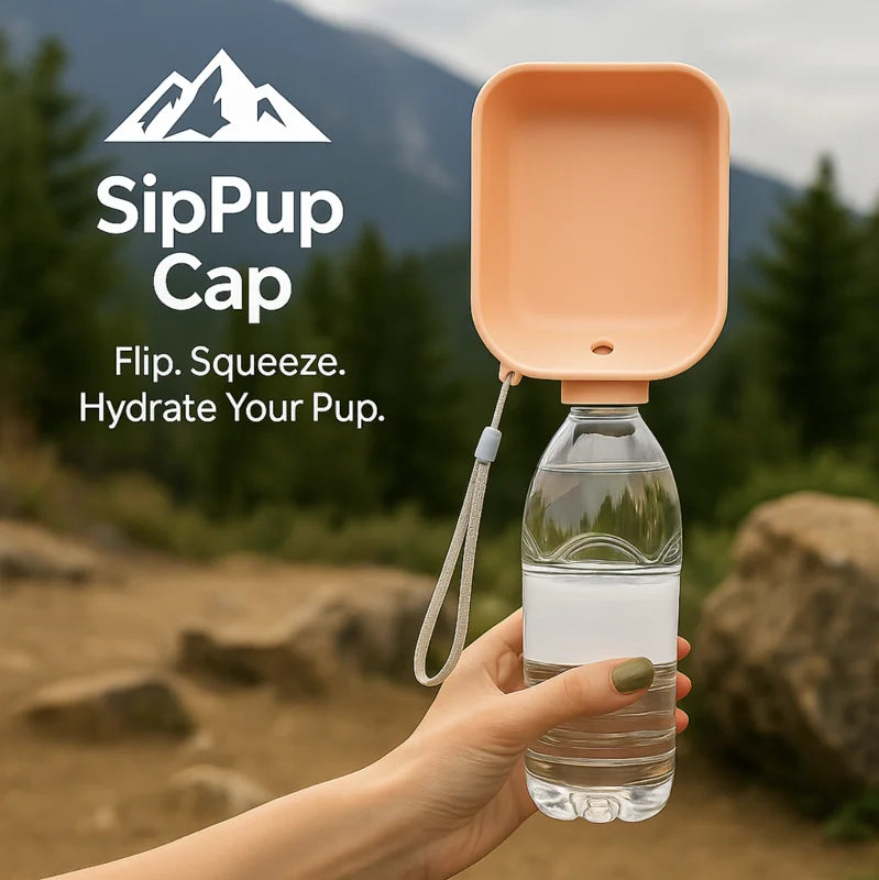HighPeak SipPup Cap in peach attached to water bottle against mountain trail background for dog hydration on the go