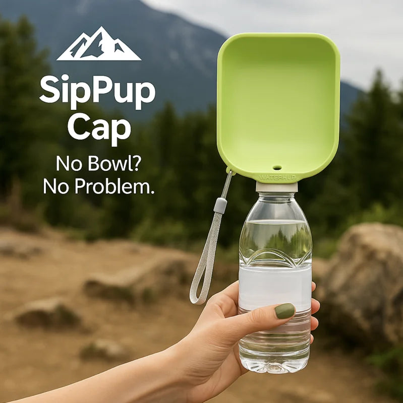 HighPeak SipPup Cap in green attached to water bottle held outdoors with mountains and trees background