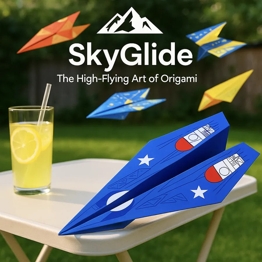SkyGlide origami paper airplane kit with colorful gliders on a table outdoors, HighPeak branding visible