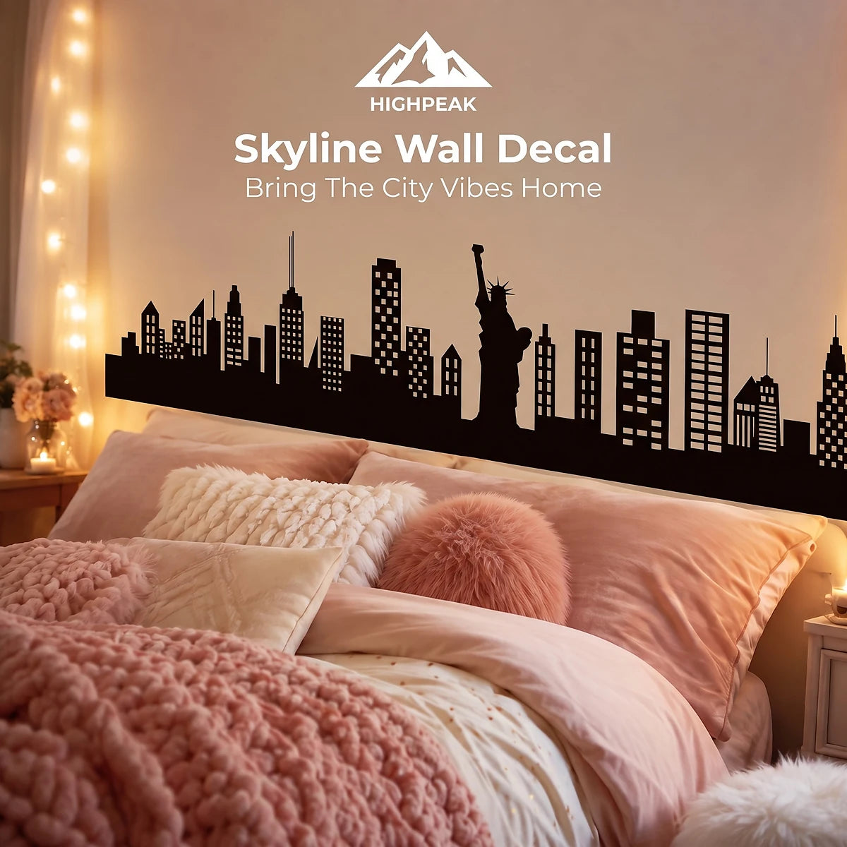 Skyline Wall Decal above a cozy pink bed with a black city silhouette and HighPeak branding