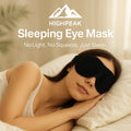 HighPeak Sleeping Eye Mask in black worn by a woman resting peacefully, showcasing total light blockage and comfort.
