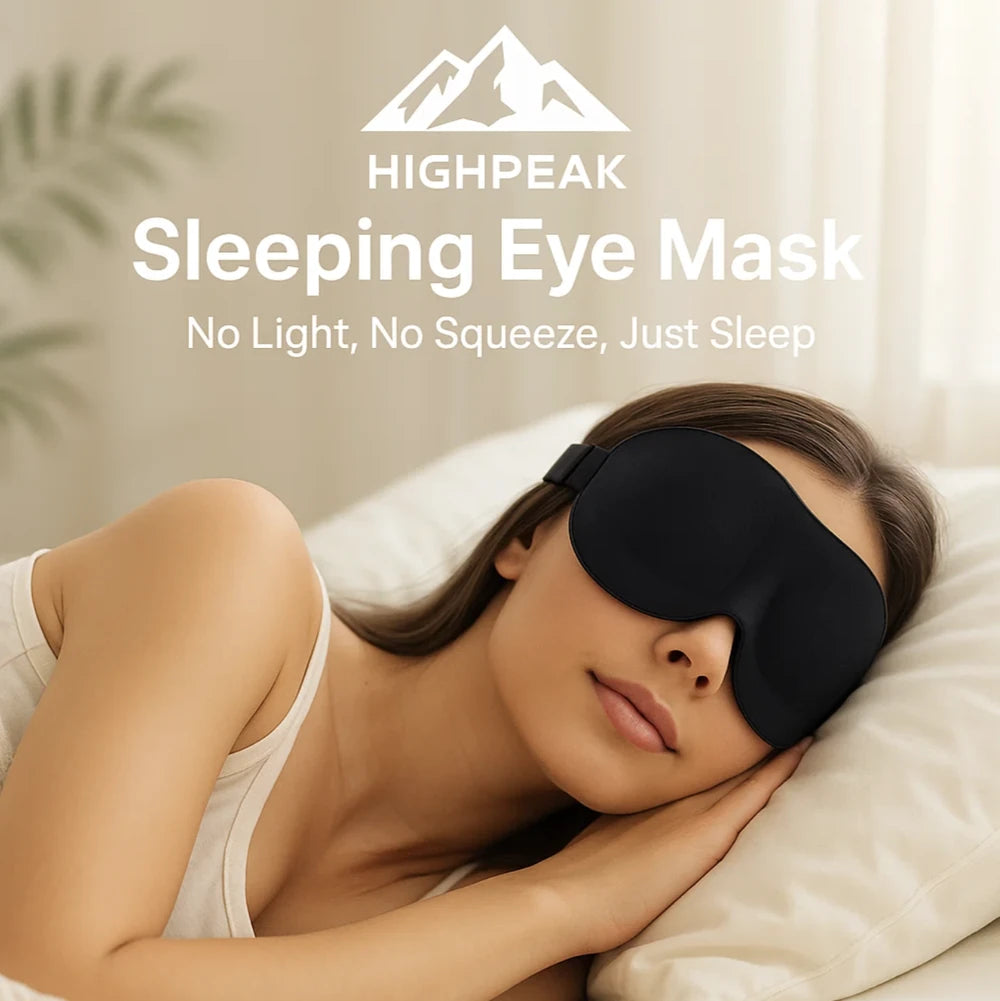HighPeak Sleeping Eye Mask in black on a woman resting peacefully, featuring adjustable strap and total blackout design