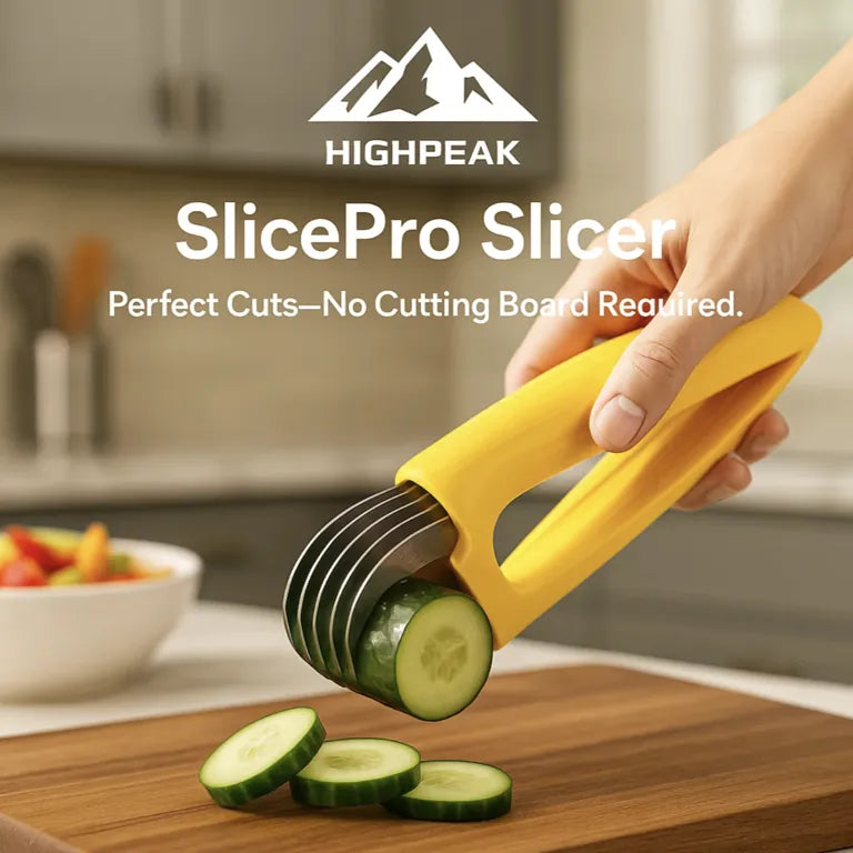 HighPeak SlicePro™ Fruit & Veggie Cutter in yellow slicing cucumber with even pieces without a cutting board