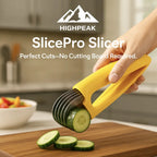 HighPeak SlicePro™ Fruit & Veggie Cutter in yellow slicing cucumber with even pieces without a cutting board