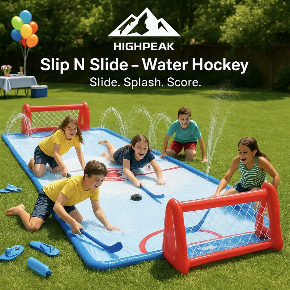 HighPeak Slip N Slide – Water Hockey Set with inflatable goals, blue slick field, kids playing on green lawn under sunshine