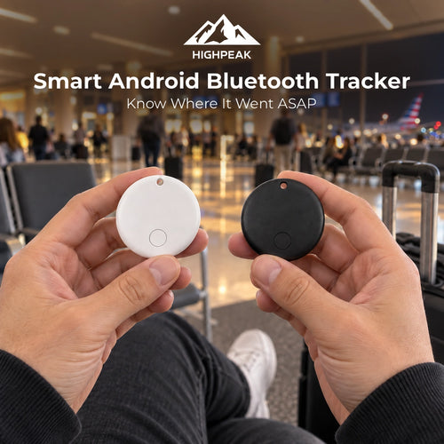 A person in an airport holding two small round Bluetooth trackers, one white and one black, with text overlay reading 'HIGHPEAK Smart Android Bluetooth Tracker' at the top.