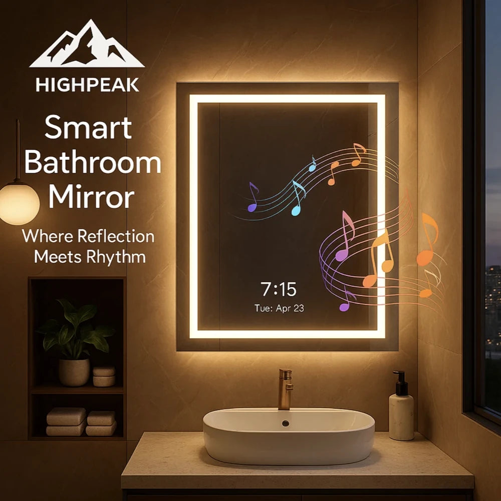HighPeak Smart Bathroom Mirror with LED lighting, Bluetooth speaker, and smart display showing time in modern bathroom setup