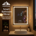 HighPeak Smart Bathroom Mirror with LED lighting, Bluetooth speaker, and smart display showing time in modern bathroom setup