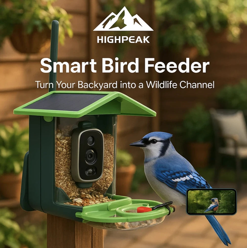 HighPeak Smart Bird Feeder with Camera in green, solar-powered with 2K HD camera capturing a blue jay in a backyard setting