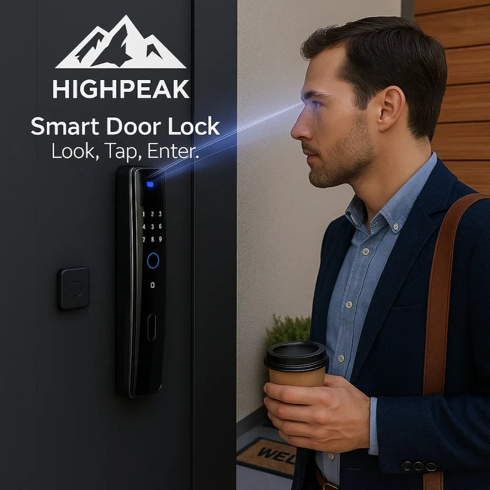 Highpeak smart door lock with a man holding a coffee cup, featuring the brand logo.