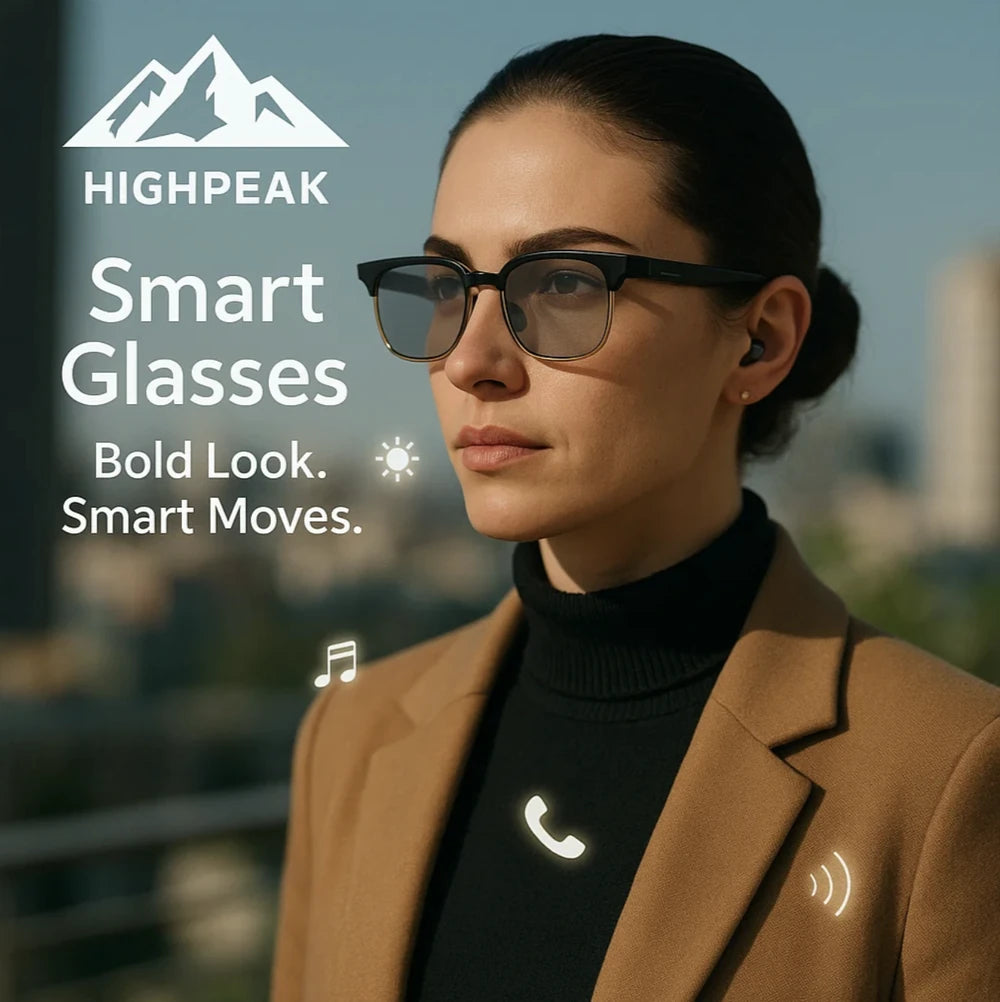 HighPeak Smart Glasses black frame worn by woman outdoors with auto-dimming lenses and wireless audio features