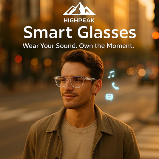 Man wearing smart glasses with Highpeak branding and cityscape background