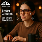 HighPeak Smart Glasses in tortoiseshell frame worn by woman using laptop with music and call icons in warm indoor setting