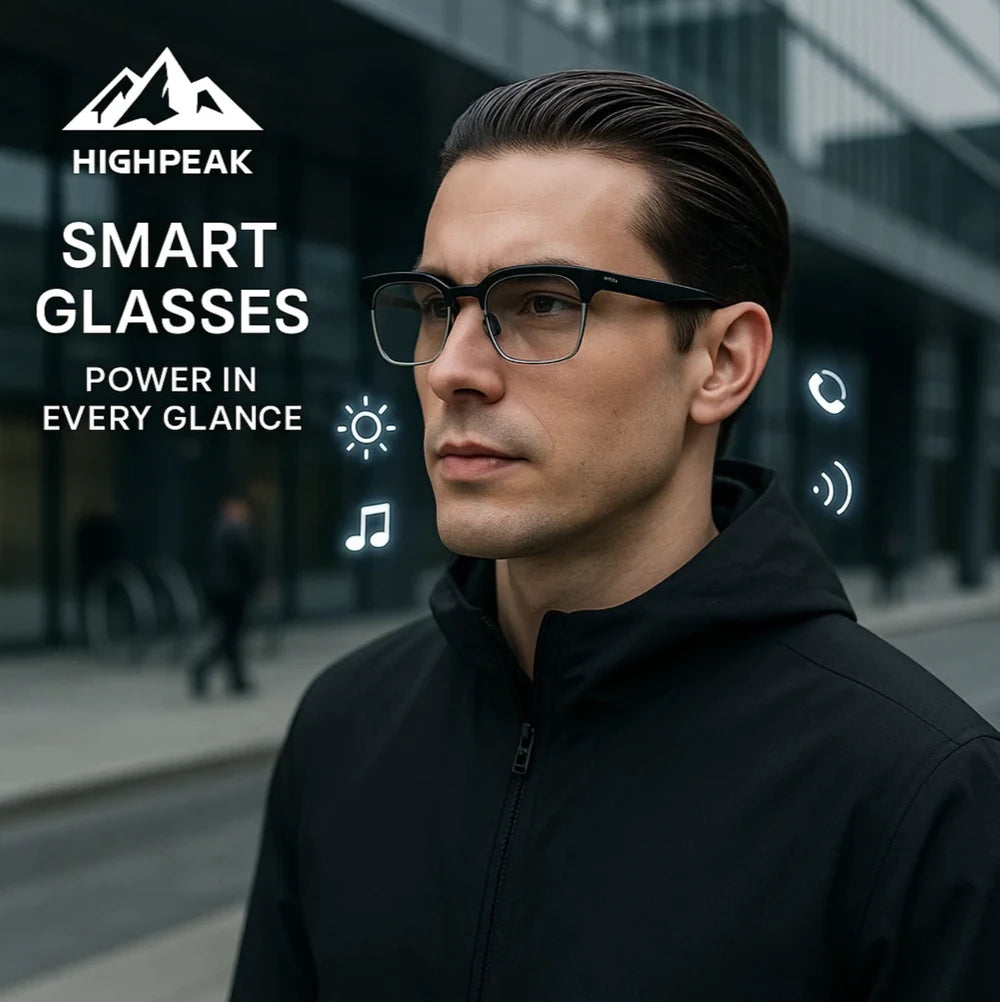 HighPeak Smart Glasses worn by man outdoors featuring black frames, wireless audio, and auto-dimming lenses for active use.