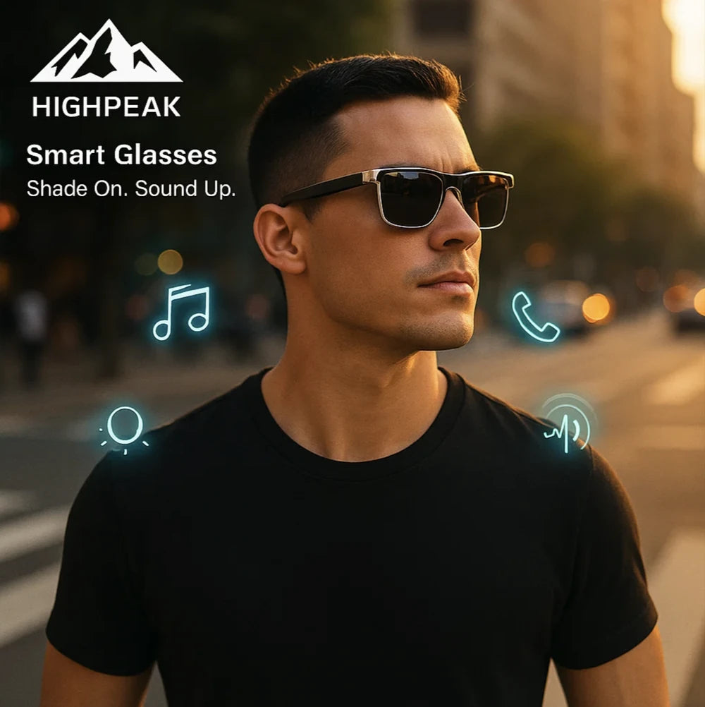HighPeak Smart Glasses worn by man outdoors at sunset with auto-dimming lenses and wireless audio features visible