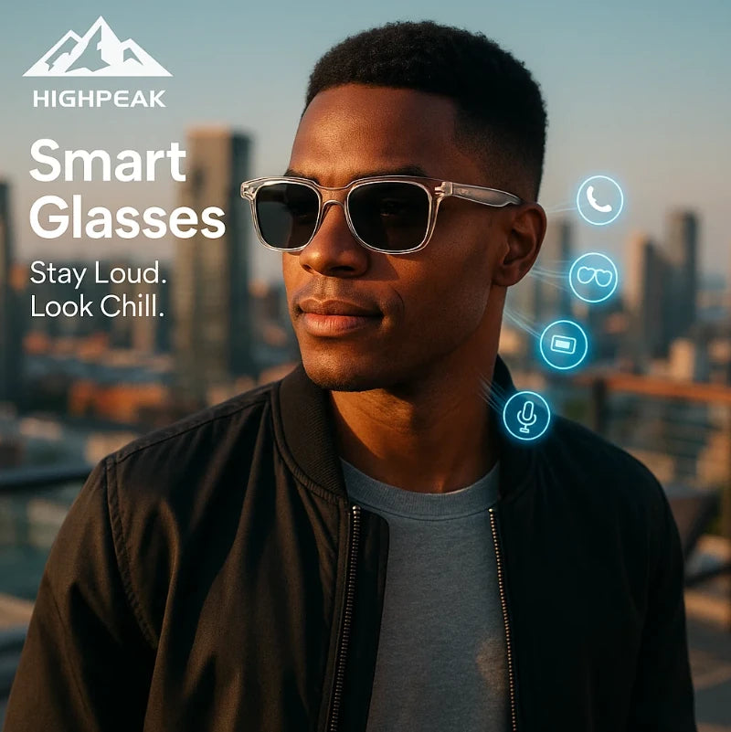 HighPeak Smart Glasses worn by man outdoors at sunset with auto-dimming lenses and wireless call and music features