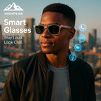 HighPeak Smart Glasses worn outdoors by man with clear frames, featuring wireless call and music controls.