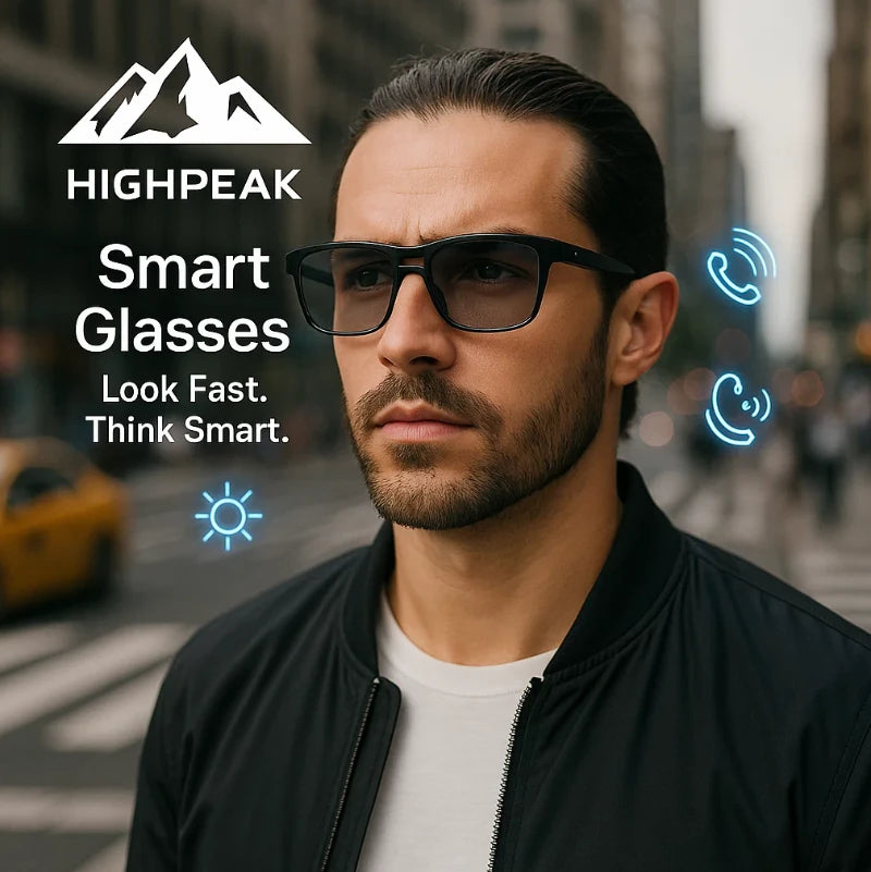 HighPeak Smart Glasses worn by man outdoors with auto-dimming lenses and wireless call features in urban setting
