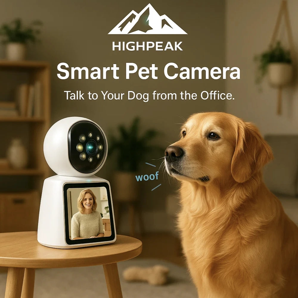 HighPeak Smart Pet Camera in white on a table with video call feature showing woman talking to a golden retriever dog