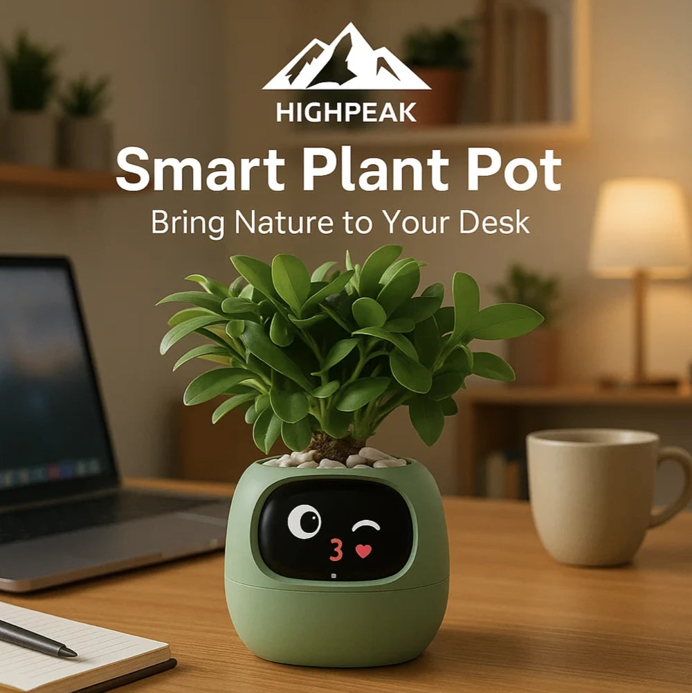 HighPeak Smart Plant Pot in green with animated face on screen, placed on wooden desk near laptop and coffee cup