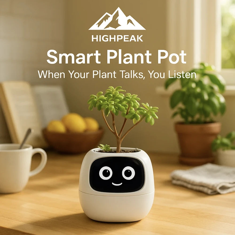 HighPeak Smart Plant Pot in white with a smiling face screen, placed on a wooden table with plants in the background