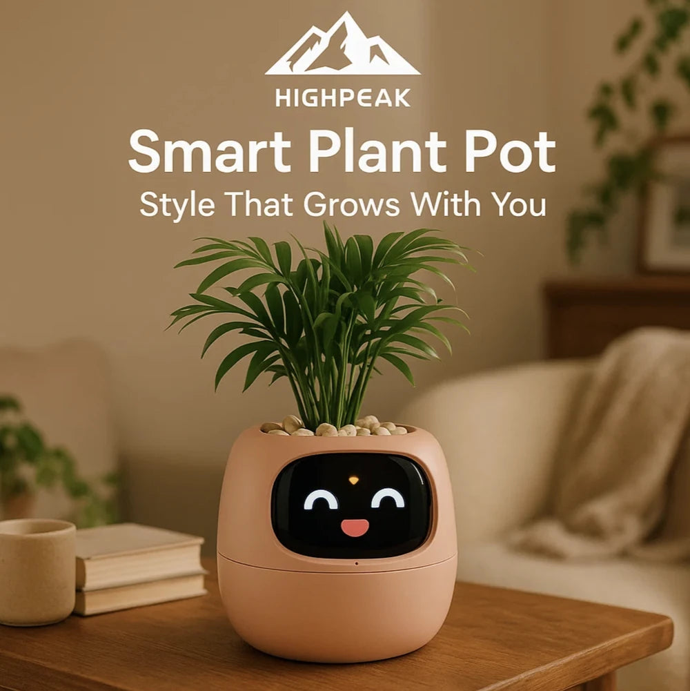 HighPeak Smart Plant Pot in beige with digital face, showing happy mood on a wooden table in a cozy room setting