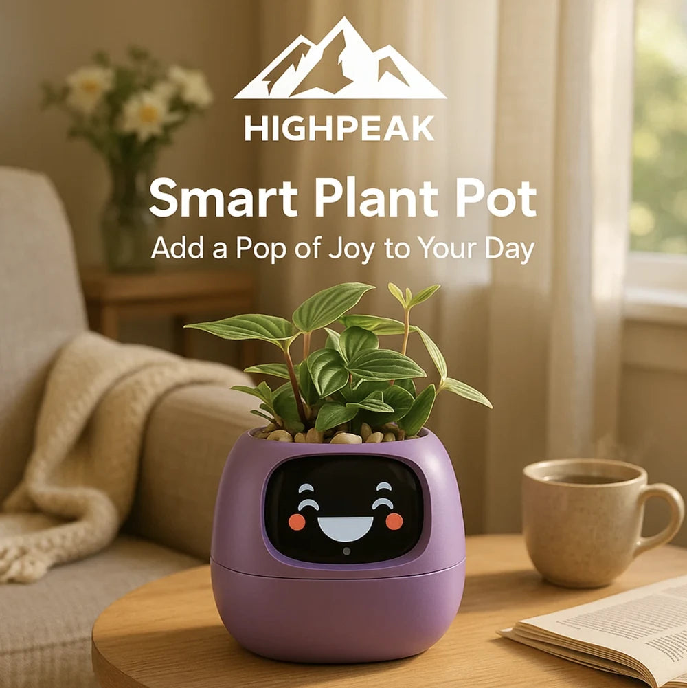 HighPeak Smart Plant Pot in purple with animated face, placed on wooden table near coffee cup and cozy blanket in living room