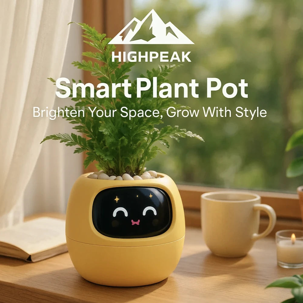 HighPeak Smart Plant Pot in yellow with a smiling digital face, placed on a wooden table by a window.