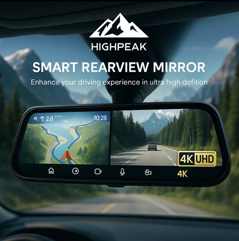 HighPeak VisionDrive Dash Cam smart rearview mirror with 4K UHD display showing navigation and road view